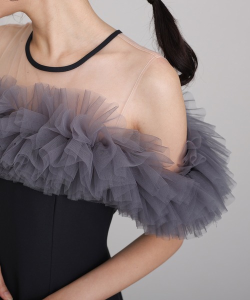 ミモレ丈&ノースリーブフォーマルギャザーチュールセレモニー結婚式パーティードレス セール】【低身長用サイズあり】ミモレ丈&ノースリーブフォーマル