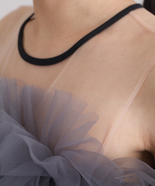 ミモレ丈&ノースリーブフォーマルギャザーチュールセレモニー結婚式パーティードレス 低身長用サイズあり】ミモレ丈&ノースリーブフォーマル同窓会ギャザー