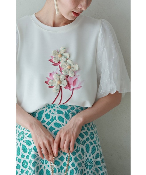 チュールパフスリーブの立体ブーケTシャツトップス（Tシャツ/カットソー）｜CAWAII（カワイイ）
