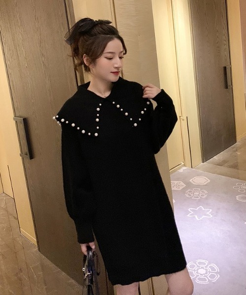 SHEPP(シープ)の「《26年秋冬新色追加》パール襟付き ニットミニワンピース(ワンピース・レディース・レッド/ブラック/グレー・F)」の13枚目の写真