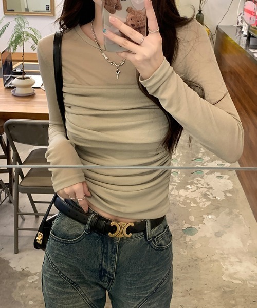Diosfront(ディオスフロント)の「シアー切替インナーカットソー(Tシャツ/カットソー・レディース・ホワイト/ライトグリーン/モカ・M/L/XL)」の1枚目の写真