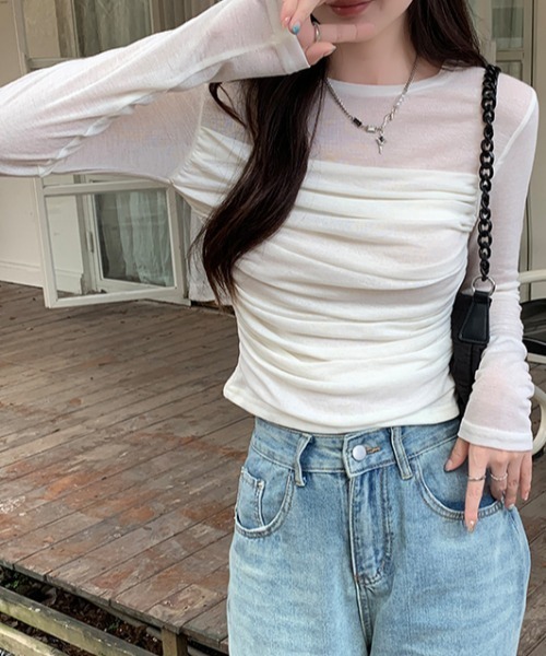 Diosfront(ディオスフロント)の「シアー切替インナーカットソー(Tシャツ/カットソー・レディース・ホワイト/ライトグリーン/モカ・M/L/XL)」の6枚目の写真