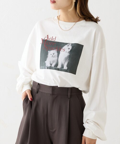 w closet（ダブルクローゼット）の「猫プリントロンTEE（Tシャツ/カットソー・レディース・ブルー/オフホワイト/チャコールグレー・FREE）」の2枚目の写真