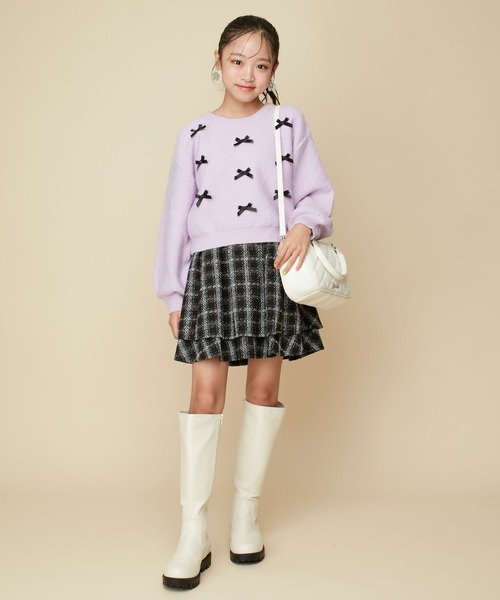 JENNI love（ジェニィラブ）の「【ウォッシャブル】ダイヤ柄リボン付きニット（ニット/セーター・キッズ・ピンク/ラベンダー/オフホワイト・130cm/140cm/150cm/160cm）」の6枚目の写真