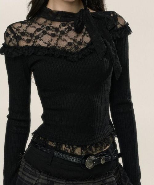 Achic(アシック)の「レースフリルニットボレロ(Tシャツ/カットソー・レディース・ブラック/ホワイト・M)」の2枚目の写真