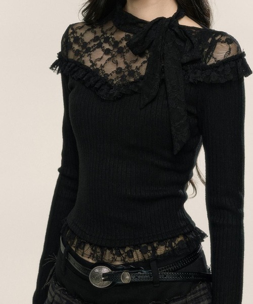Achic(アシック)の「レースフリルニットボレロ(Tシャツ/カットソー・レディース・ブラック/ホワイト・M)」の9枚目の写真