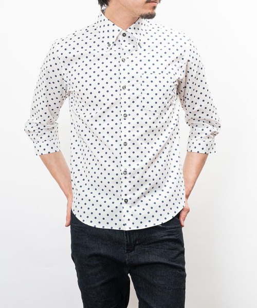 Ｇａｒｃｏｎ　Ｗａｖｅ　民芸品調の馬柄　七分袖シャツ　メンズサイズＭ※定形外郵便可 garsonwave シャツ 日本製ブロード水玉ボタンダウン七分袖シャツ