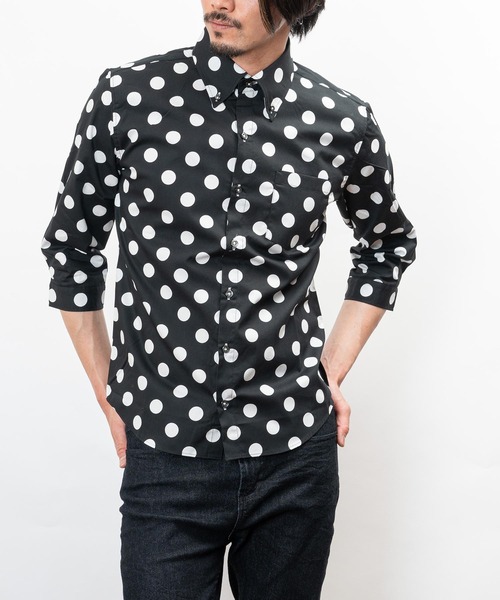 セール】日本製 ブロード 水玉 ボタンダウン 七分袖 シャツ(GW