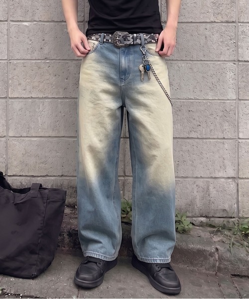 SPINNS(スピンズ)の「ウォッシュグラデーションワイドデニムパンツ/ユニセックス(デニムパンツ・メンズ・ブルー系その他/ブラック×ベージュ/サックスブルー系・L/M)」の3枚目の写真