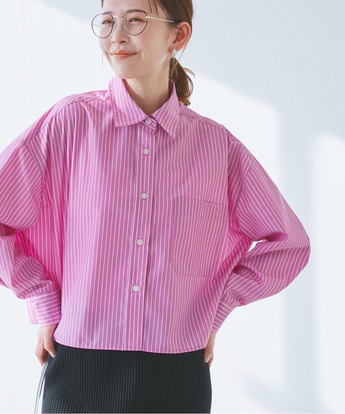 ROPE' PICNIC(ロペピクニック)の「【花粉ガード・防シワ】クロップドシャツ(シャツ/ブラウス・レディース・ブルー/ピンク系その他/オフホワイト/ピンク・38)」の4枚目の写真