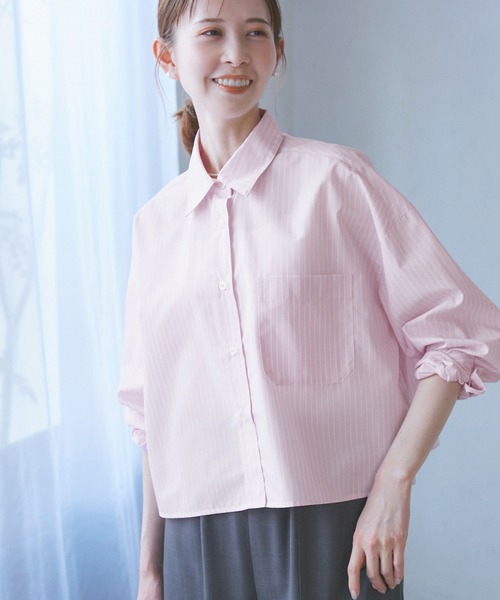 ROPE' PICNIC(ロペピクニック)の「【花粉ガード・防シワ】クロップドシャツ(シャツ/ブラウス・レディース・ブルー/ピンク系その他/オフホワイト/ピンク・38)」の3枚目の写真