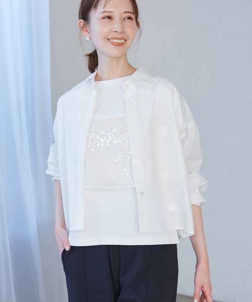 ROPE' PICNIC(ロペピクニック)の「【花粉ガード・防シワ】クロップドシャツ(シャツ/ブラウス・レディース・ブルー/ピンク系その他/オフホワイト/ピンク・38)」の9枚目の写真