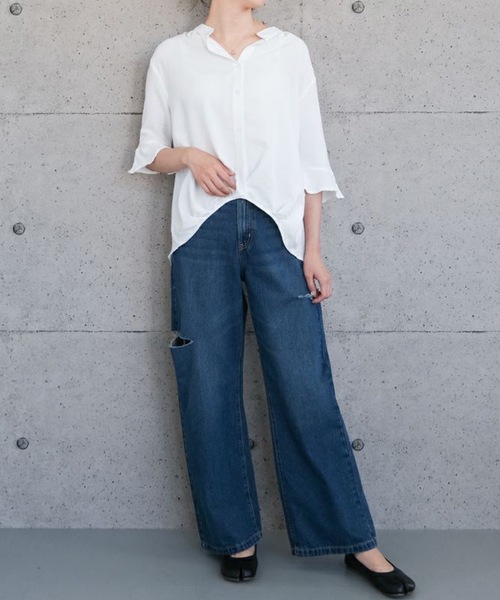 aquagarage（アクアガレージ）の「絶妙なデコルテ魅せが叶う！バンドカラーのスキッパーブラウス（シャツ/ブラウス・レディース・ホワイト/ライトカーキ/ブルー系その他/ブラック系その他2/ブルー系その他2/ブラック/ブラック系その他・M/L）」の11枚目の写真