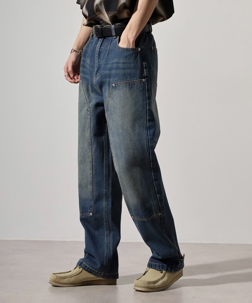 RE730(アールイーセブンサーティー)の「Double knee wide denim / ダブルニーワイドデニム unisex(デニムパンツ・メンズ・ブラック/ライトブルー/ブルー・XL/L/M)」の4枚目の写真