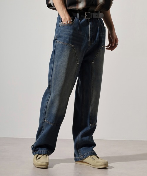 RE730(アールイーセブンサーティー)の「Double knee wide denim / ダブルニーワイドデニム unisex(デニムパンツ・メンズ・ブラック/ライトブルー/ブルー・XL/L/M)」の6枚目の写真