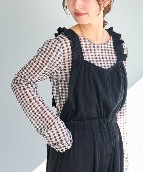 Kastane(カスタネ)の「【初夏まで着れる/リバーシブル】シアーチェックプルオーバー(Tシャツ/カットソー・レディース・サックスブルー/ブラック/ベージュ・FREE)」の1枚目の写真