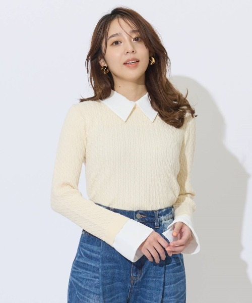 AND COUTURE(アンドクチュール)の「シャツレイヤード風ケーブル編みプルオーバー(ニット/セーター・レディース・ブラック/ベージュ/イエロー・FREE)」の1枚目の写真