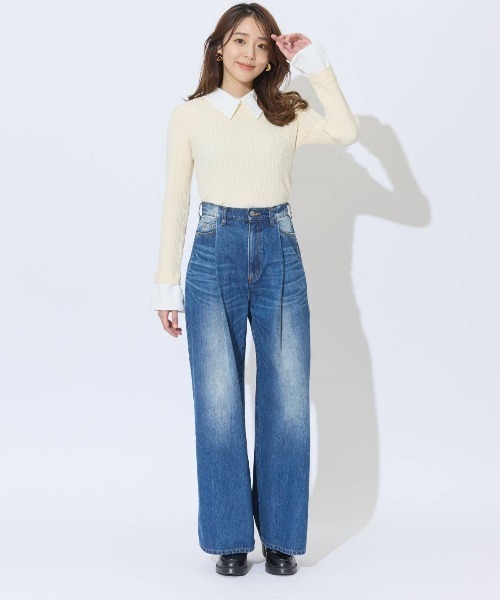 AND COUTURE(アンドクチュール)の「シャツレイヤード風ケーブル編みプルオーバー(ニット/セーター・レディース・ブラック/ベージュ/イエロー・FREE)」の14枚目の写真