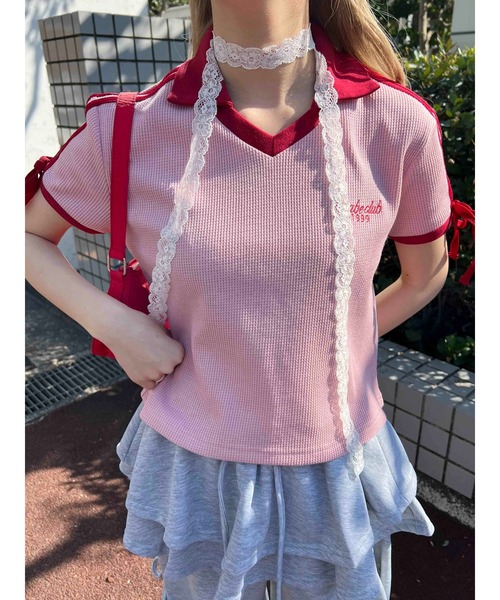 WC（ダブル シー）の「襟付きリボンワッフルTシャツ（Tシャツ/カットソー・レディース・ブルー/ブラック/ピンク・FREE）」の3枚目の写真