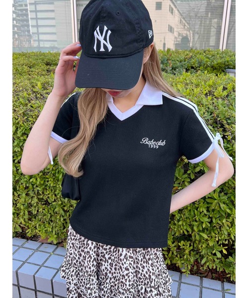 WC（ダブル シー）の「襟付きリボンワッフルTシャツ（Tシャツ/カットソー・レディース・ブルー/ブラック/ピンク・FREE）」の2枚目の写真