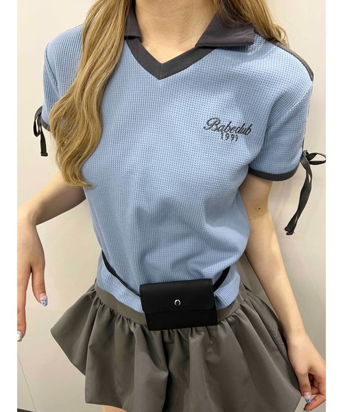 WC（ダブル シー）の「襟付きリボンワッフルTシャツ（Tシャツ/カットソー・レディース・ブルー/ブラック/ピンク・FREE）」の12枚目の写真