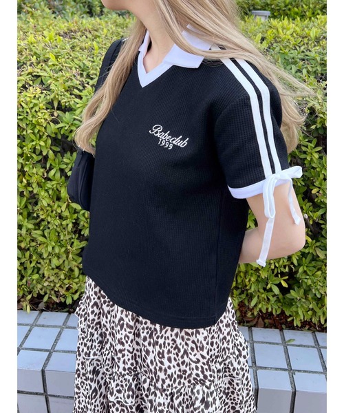 WC（ダブル シー）の「襟付きリボンワッフルTシャツ（Tシャツ/カットソー・レディース・ブルー/ブラック/ピンク・FREE）」の4枚目の写真