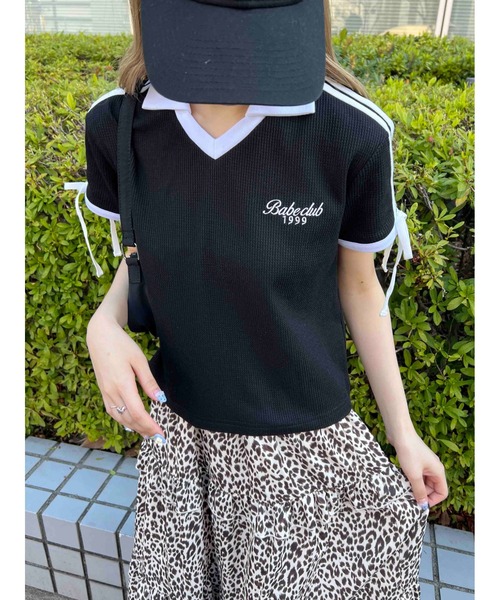 WC（ダブル シー）の「襟付きリボンワッフルTシャツ（Tシャツ/カットソー・レディース・ブルー/ブラック/ピンク・FREE）」の5枚目の写真