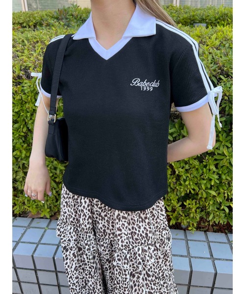 WC（ダブル シー）の「襟付きリボンワッフルTシャツ（Tシャツ/カットソー・レディース・ブルー/ブラック/ピンク・FREE）」の6枚目の写真