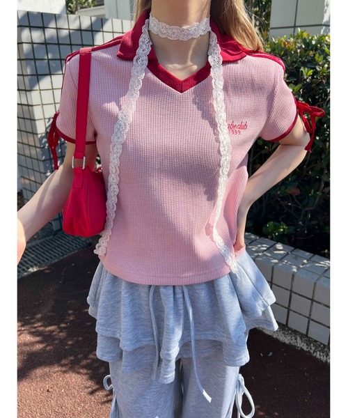 WC（ダブル シー）の「襟付きリボンワッフルTシャツ（Tシャツ/カットソー・レディース・ブルー/ブラック/ピンク・FREE）」の16枚目の写真