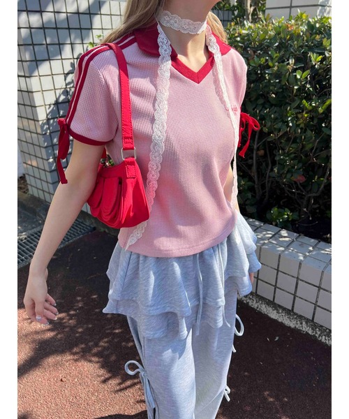 WC（ダブル シー）の「襟付きリボンワッフルTシャツ（Tシャツ/カットソー・レディース・ブルー/ブラック/ピンク・FREE）」の17枚目の写真