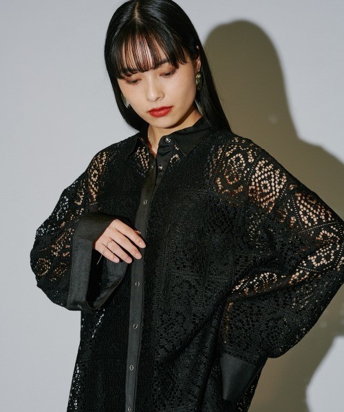 terrace(テラス)の「ブロックレースシャツ(シャツ/ブラウス・レディース・オフホワイト/ブラック/アイボリー・MEDIUM)」の3枚目の写真