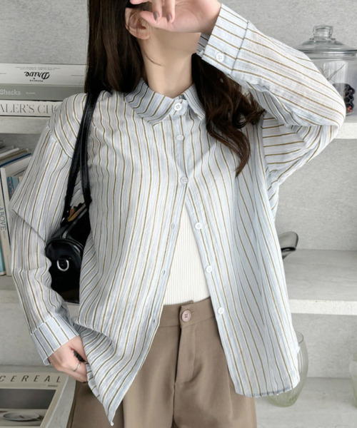 Ada.(エイダ)の「ラメ ストライプ ベーシック レギュラーカラーシャツ(シャツ/ブラウス・レディース・イエロー/ピンク/ライトブルー・FREE)」の4枚目の写真