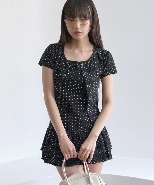 UNE MANSION（ユヌマンション）の「【UNE ORIGINAL】スナップボタンショルダーパフレイヤードドットパターンカーディガン（カーディガン/ボレロ・レディース・ホワイト/グレー/ブラック・SMALL/MEDIUM）」の3枚目の写真