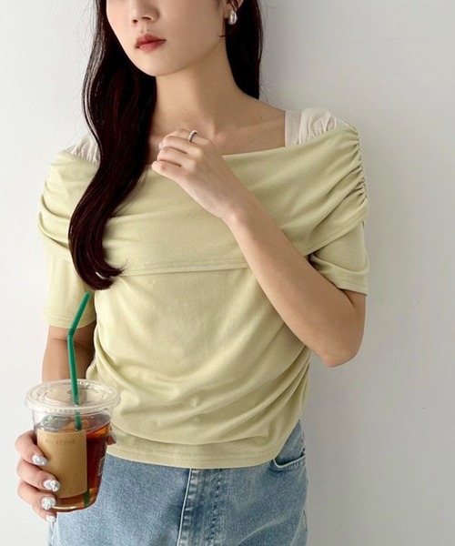 one after another NICE CLAUP(ワンアフターアナザーナイスクラップ)の「オフショルカットトップス【ブラ紐隠し】(Tシャツ/カットソー・レディース・ベージュ/イエロー/ブラック/オフホワイト/杢グレー/サックスブルー/ベビーピンク/チャコールグレー・FREE)」の7枚目の写真