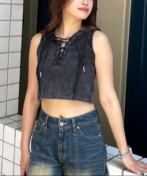 SPIRALGIRL（スパイラルガール）の「ピグメントノースリトップス（スウェット・レディース・ブラック/ブラウン/ネイビー・FREE）」の8枚目の写真