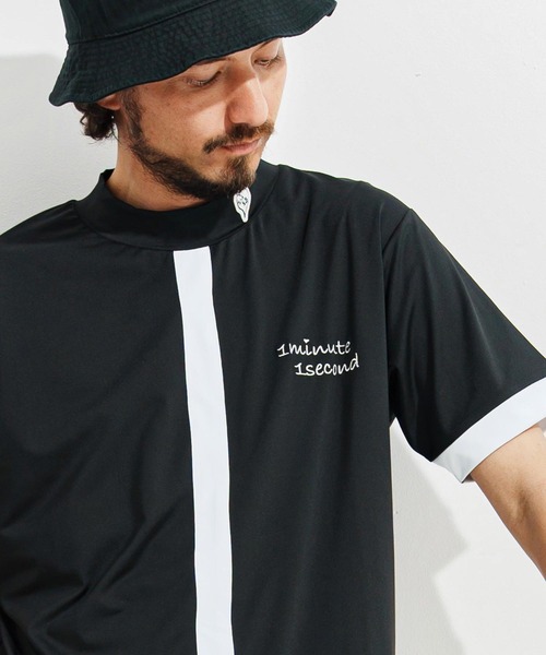 1minute 1second(ワンミニットワンセカンド)の「mt9674-cool fabric line mock neck pullover モックネックカットソー(Tシャツ/カットソー・メンズ・カーキ系/ブラック×ホワイト/ホワイト×ブラック・S/M/L/XL)」の1枚目の写真