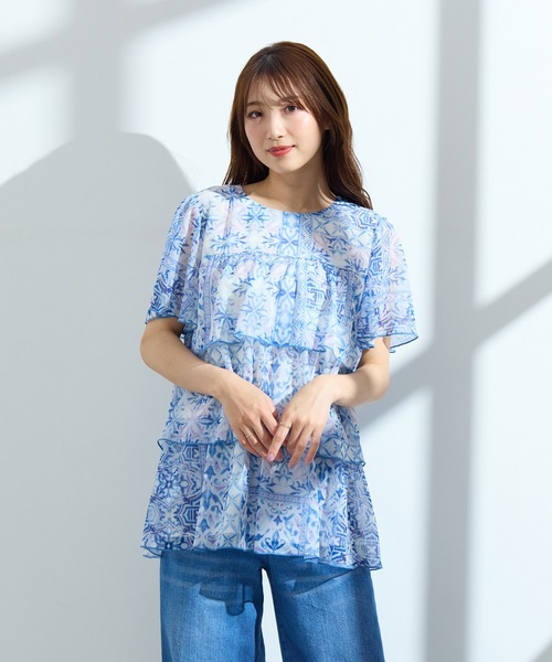 【手洗いOK】シフォン楊柳ティアードブラウス セール】【手洗いOK】シフォン楊柳ティアードブラウス（シャツ