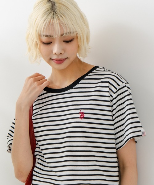 U.S. POLO ASSN.(ユーエスポロアッスン)の「【U.S. POLO ASSN./ユーエスポロアッスン】ブランドロゴワンポイント刺繍 無地・ボーダー柄Tシャツ レディース(Tシャツ/カットソー・レディース・ホワイト/ネイビー/サックスブルー/ピンク/イエロー/杢グレー/スミクロ・MEDIUM/LARGE)」の4枚目の写真