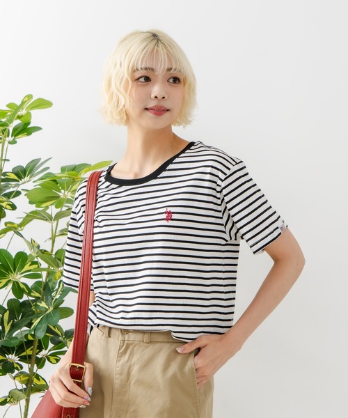 U.S. POLO ASSN.(ユーエスポロアッスン)の「【U.S. POLO ASSN./ユーエスポロアッスン】ブランドロゴワンポイント刺繍 無地・ボーダー柄Tシャツ レディース(Tシャツ/カットソー・レディース・ホワイト/ネイビー/サックスブルー/ピンク/イエロー/杢グレー/スミクロ・MEDIUM/LARGE)」の20枚目の写真