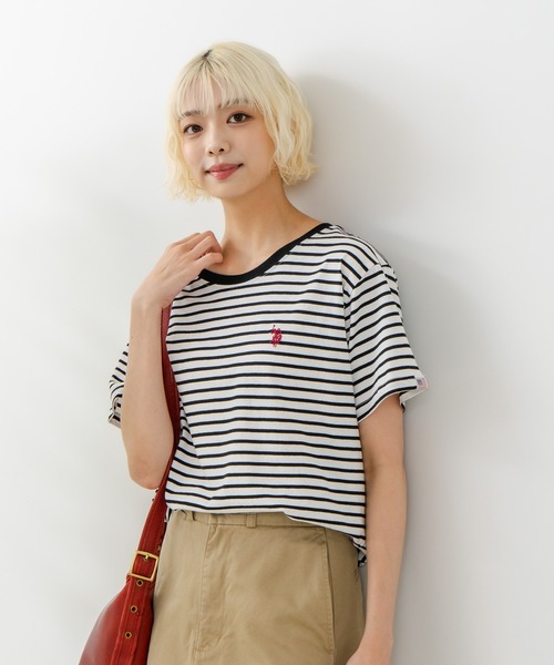 U.S. POLO ASSN.(ユーエスポロアッスン)の「【U.S. POLO ASSN./ユーエスポロアッスン】ブランドロゴワンポイント刺繍 無地・ボーダー柄Tシャツ レディース(Tシャツ/カットソー・レディース・ホワイト/ネイビー/サックスブルー/ピンク/イエロー/杢グレー/スミクロ・MEDIUM/LARGE)」の21枚目の写真