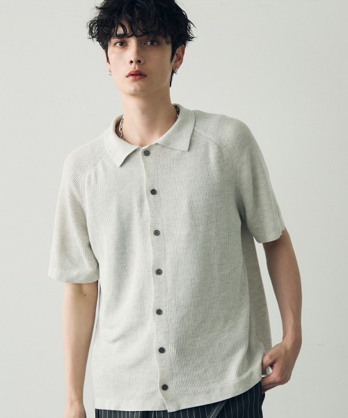 Shoowtime(ショウタイム)の「button-down summer knit tops / ボタンダウンサマーニットトップス(Tシャツ/カットソー・メンズ・ブラック/グレー・MEDIUM/LARGE/X-LARGE)」の1枚目の写真