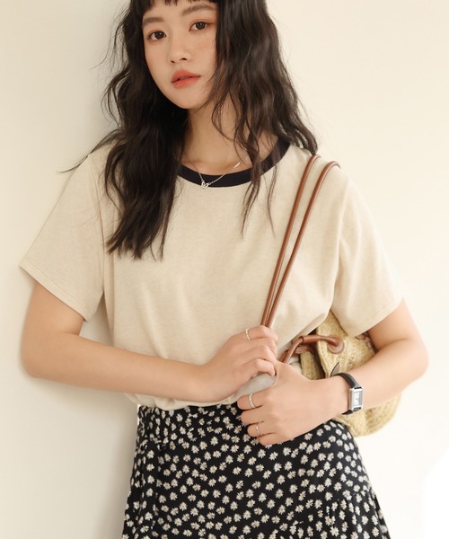 MAISON DE THERESE（メゾン ド テレーズ）の「コンビカラー クルーネックTシャツ（Tシャツ/カットソー・レディース・A/ホワイト/ベージュ/B・M/L）」の3枚目の写真