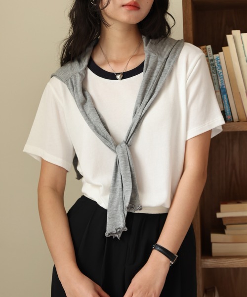 MAISON DE THERESE（メゾン ド テレーズ）の「コンビカラー クルーネックTシャツ（Tシャツ/カットソー・レディース・A/ホワイト/ベージュ/B・M/L）」の2枚目の写真