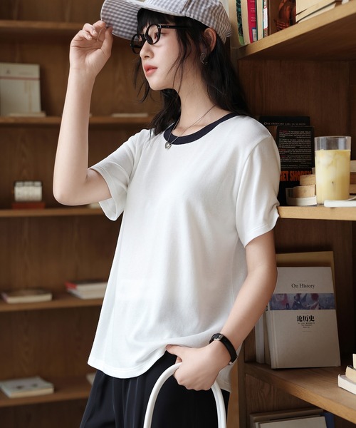 MAISON DE THERESE（メゾン ド テレーズ）の「コンビカラー クルーネックTシャツ（Tシャツ/カットソー・レディース・A/ホワイト/ベージュ/B・M/L）」の21枚目の写真