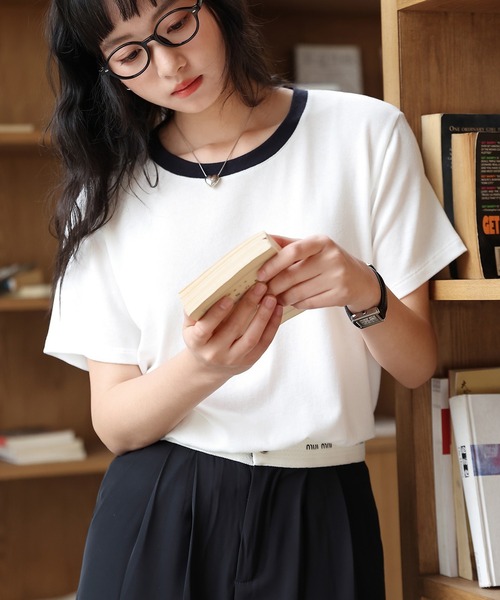 MAISON DE THERESE（メゾン ド テレーズ）の「コンビカラー クルーネックTシャツ（Tシャツ/カットソー・レディース・A/ホワイト/ベージュ/B・M/L）」の22枚目の写真