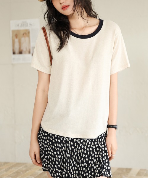MAISON DE THERESE（メゾン ド テレーズ）の「コンビカラー クルーネックTシャツ（Tシャツ/カットソー・レディース・A/ホワイト/ベージュ/B・M/L）」の9枚目の写真