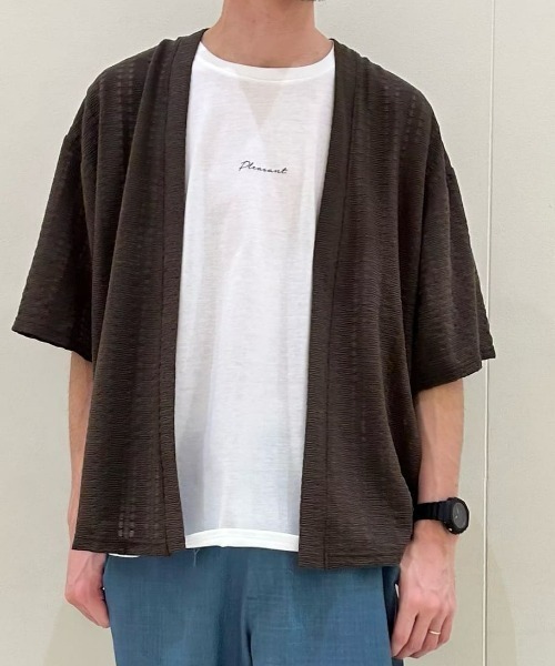 Right-on（ライトオン）の「【店舗で人気】【NEOSARTIC】透かし編み格子ストライプ柄五分袖カーディガンアンサンブル（カーディガン/ボレロ・メンズ・ブラウン/グリーン/ライトグレー・XL/M/L）」の3枚目の写真