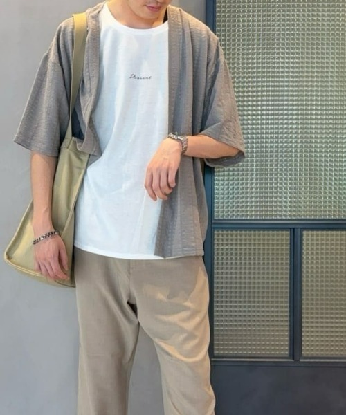 Right-on（ライトオン）の「【店舗で人気】【NEOSARTIC】透かし編み格子ストライプ柄五分袖カーディガンアンサンブル（カーディガン/ボレロ・メンズ・ブラウン/グリーン/ライトグレー・XL/M/L）」の2枚目の写真