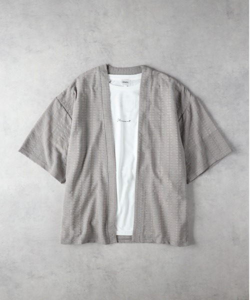 Right-on（ライトオン）の「【店舗で人気】【NEOSARTIC】透かし編み格子ストライプ柄五分袖カーディガンアンサンブル（カーディガン/ボレロ・メンズ・ブラウン/グリーン/ライトグレー・XL/M/L）」の7枚目の写真