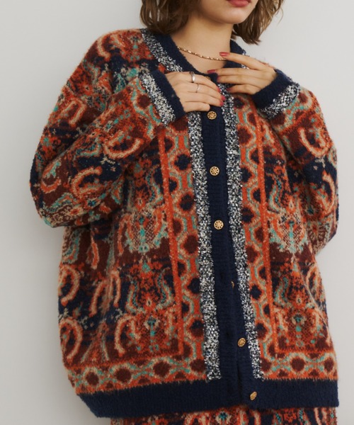Unitage（ユニテージ）の「ブークレ総柄ジャガードニットカーディガン（カーディガン/ボレロ・レディース・ネイビー/ピンク/グリーン/ブラウン/ボルドー・FREE）」の20枚目の写真